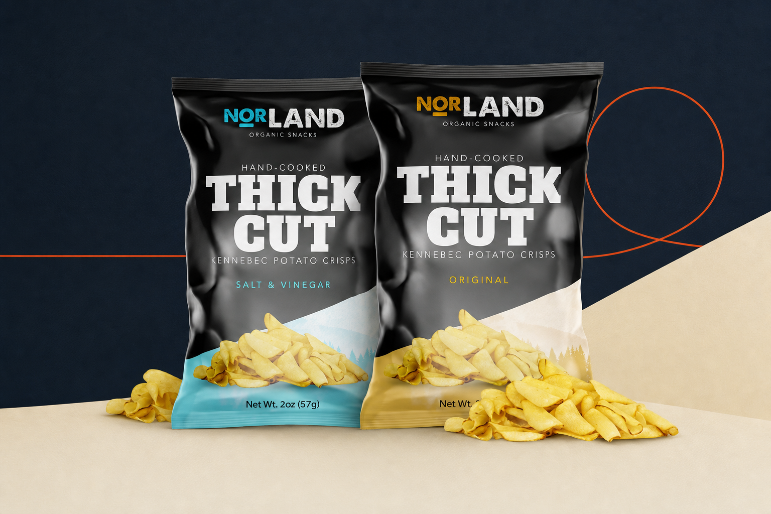 Two Norland Thick Cut potato chip bags in Salt and Vinegar and Original flavors